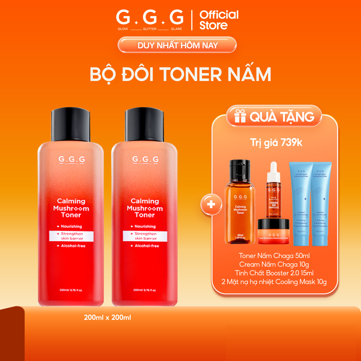 Combo 2 Toner Nấm Không cồn Cấp ẩm Dịu da tức thì - G.G.G Calming Mushroom Toner 200ml