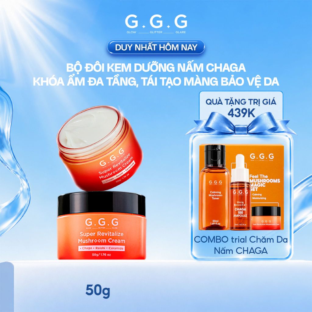 Combo 2 Kem Nấm Chaga Cấp Ẩm Chuyên Sâu, Da Căng Mịn và Giảm Nếp Nhăn GGG Super Revitalize Mushroom Cream 50g