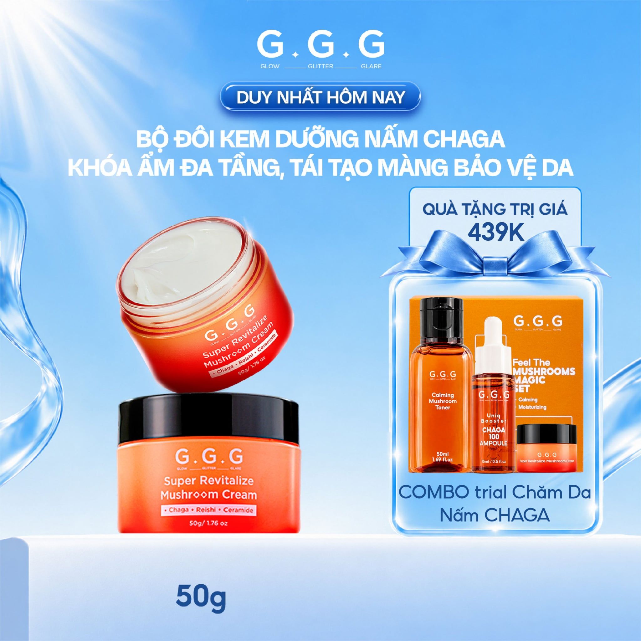 Combo 2 Kem Nấm Chaga Cấp Ẩm Chuyên Sâu, Da Căng Mịn và Giảm Nếp Nhăn GGG Super Revitalize Mushroom Cream 50g