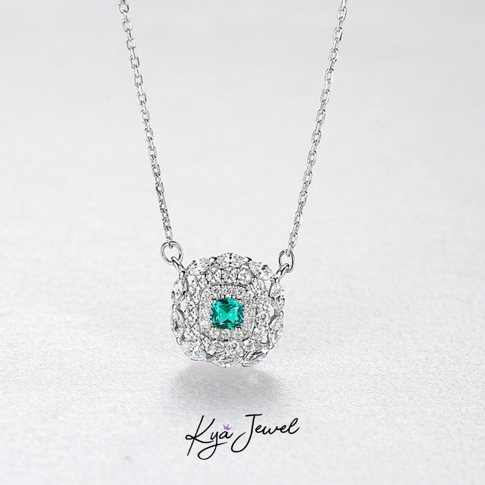  Bộ trang sức bạc kiểu dáng tròn đính đá cz xanh ngọc Halo Emerald 
