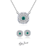  Bộ trang sức bạc kiểu dáng tròn đính đá cz xanh ngọc Halo Emerald 