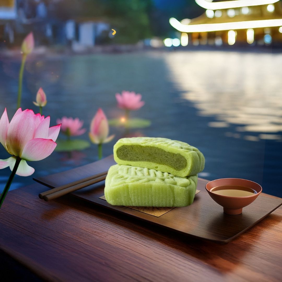 BÁNH DẺO CỐM (STICKY RICE MOONCAKE WITH GREEN RICE FLAKES)