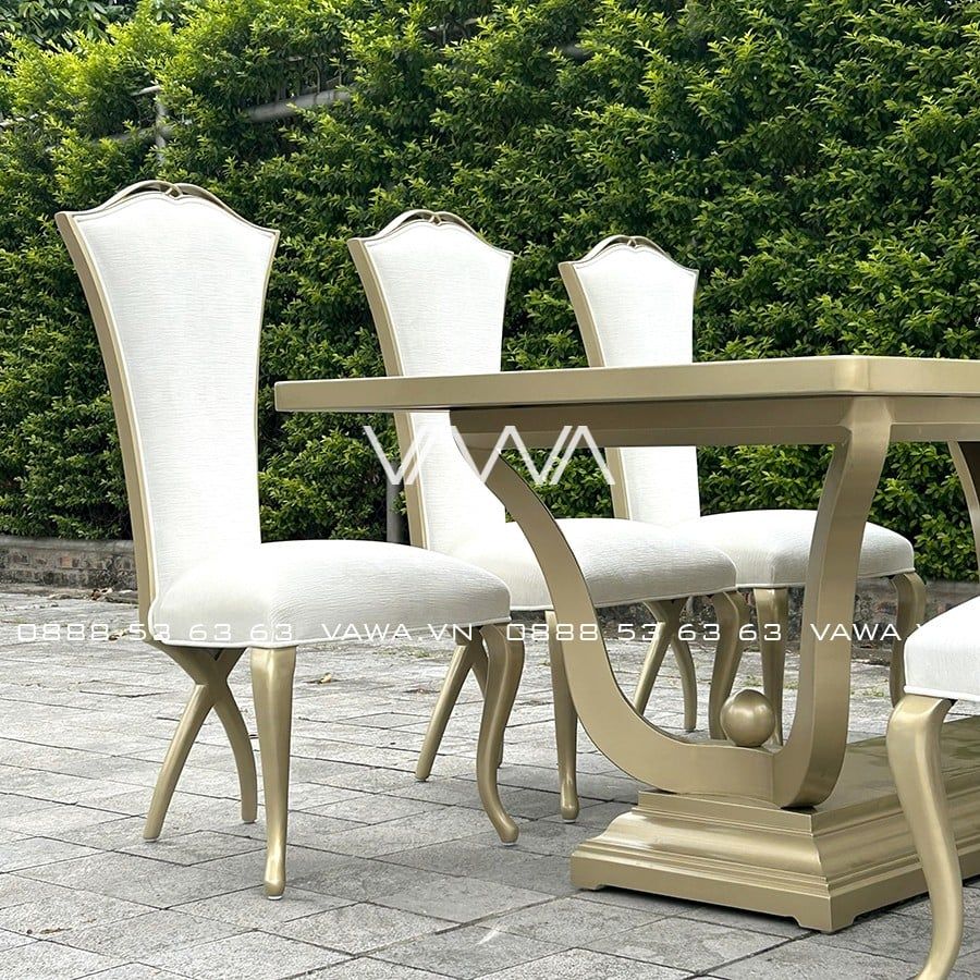  Bộ bàn ghế ăn Tân Cổ Điển - Bộ bàn ghế ăn gỗ chân chéo tựa lưng cao 