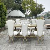  Bộ bàn ghế ăn Tân Cổ Điển - Bộ bàn ghế ăn gỗ chân chéo tựa lưng cao 