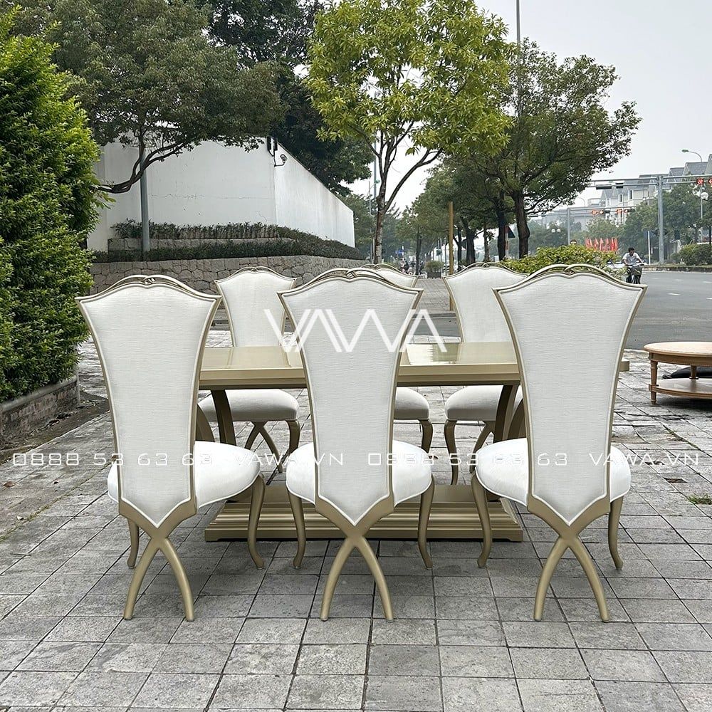  Bộ bàn ghế ăn Tân Cổ Điển - Bộ bàn ghế ăn gỗ chân chéo tựa lưng cao 