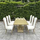  Bộ bàn ghế ăn Tân Cổ Điển - Bộ bàn ghế ăn gỗ chân chéo tựa lưng cao 