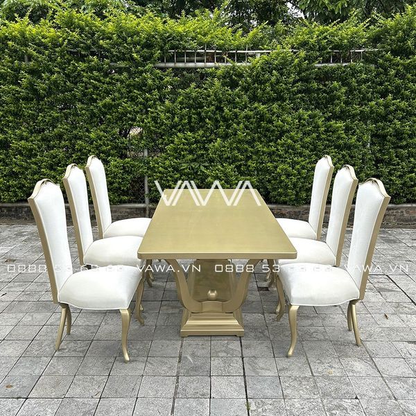 Bộ bàn ghế ăn Tân Cổ Điển - Bộ bàn ghế ăn gỗ chân chéo tựa lưng cao