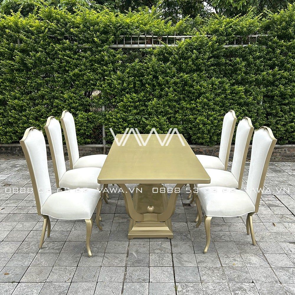  Bộ bàn ghế ăn Tân Cổ Điển - Bộ bàn ghế ăn gỗ chân chéo tựa lưng cao 
