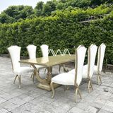  Bộ bàn ghế ăn Tân Cổ Điển - Bộ bàn ghế ăn gỗ chân chéo tựa lưng cao 