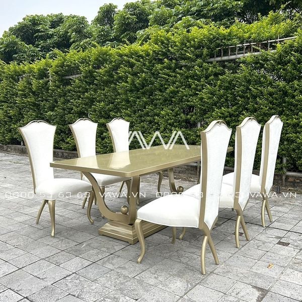 Bộ bàn ghế ăn Tân Cổ Điển - Bộ bàn ghế ăn gỗ chân chéo tựa lưng cao