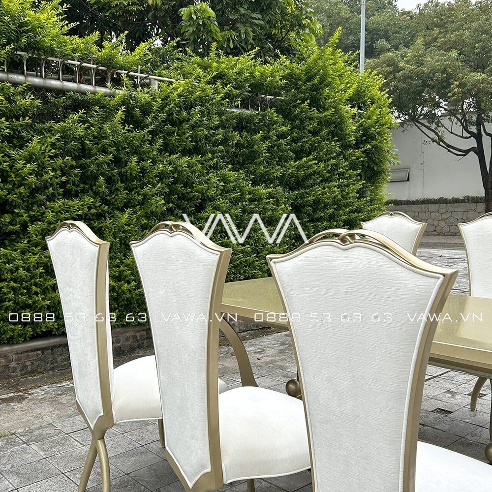  Bộ bàn ghế ăn Tân Cổ Điển - Bộ bàn ghế ăn gỗ chân chéo tựa lưng cao 