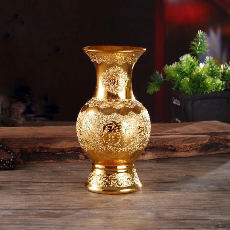 Bình hoa thờ cúng, bình hoa đặt bàn thờ gốm sứ kim sa vàng -Cao cấp