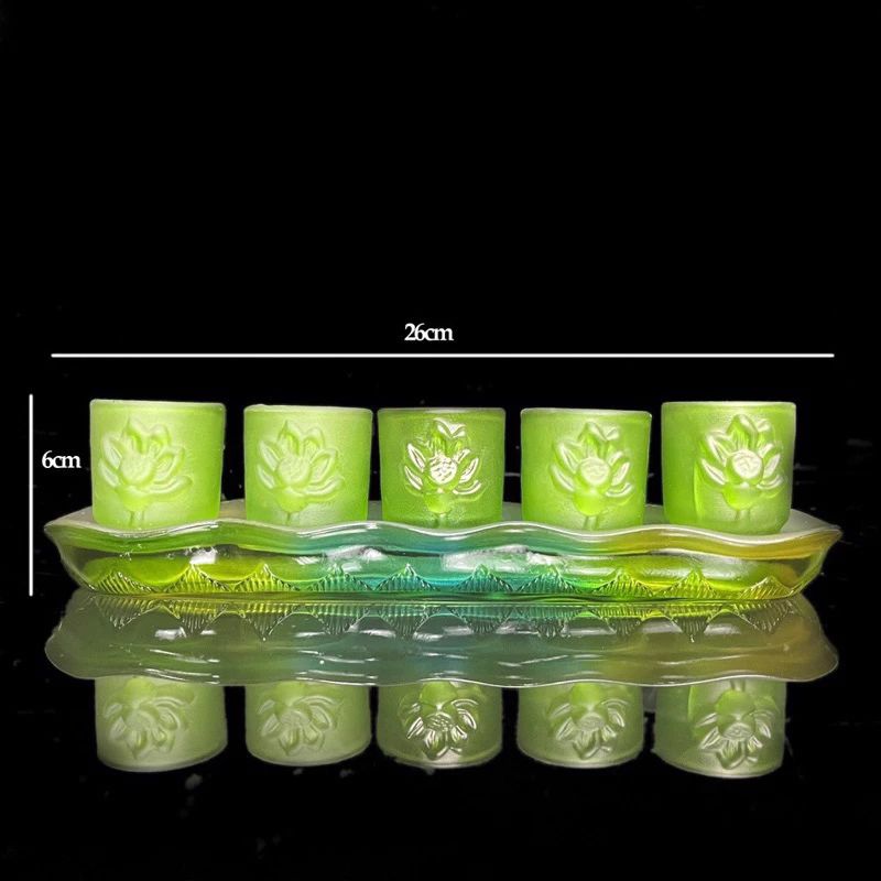 Bộ án 5 ly nước thờ cúng lưu ly xanh, án 5 chung nước thờ - Cao cấp