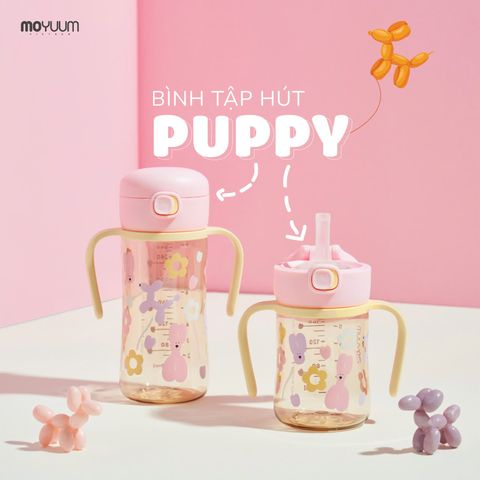 Bình tập hút nắp bật, chống sặc kèm tay cầm PPSU Moyuum - Phiên bản Puppy