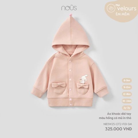 Áo khoác dài tay màu hồng có mũ in thỏ Nous Velour