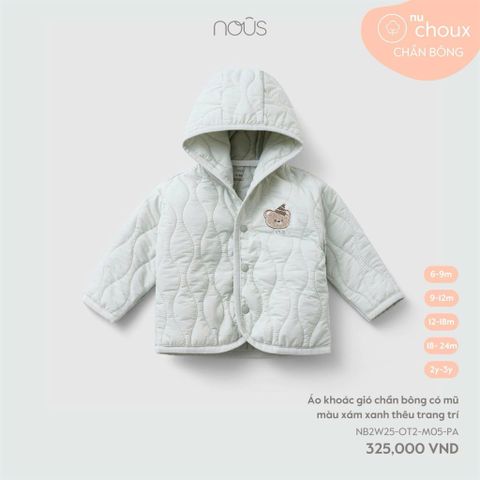 Áo khoác gió chần bông có mũ màu xám xanh thêu trang trí Nous Choux ( Gấu đội mũ )