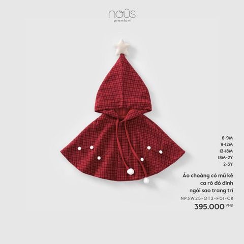 Áo choàng có mũ kẻ ca rô đỏ đính ngôi sao trang trí Nous Noel