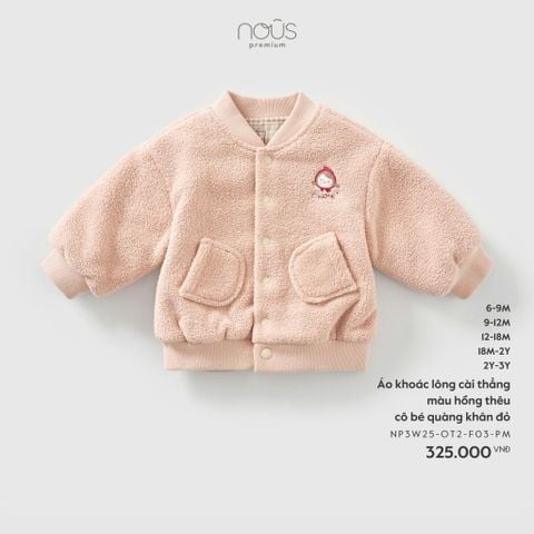 Áo khoác lông cài thẳng màu hồng thêu cô bé quàng khăn đỏ Nous Noel
