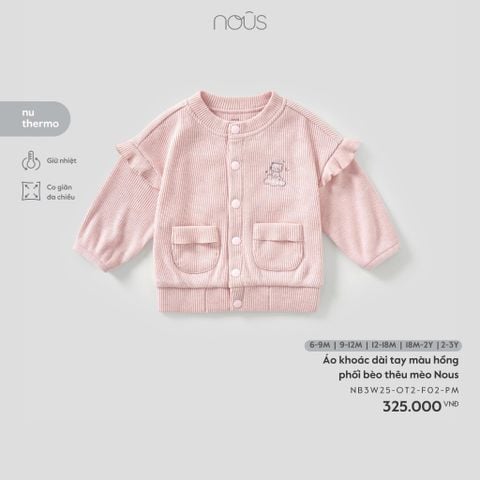 Áo khoác dài tay màu hồng phối bèo thêu mèo Nous Thermo