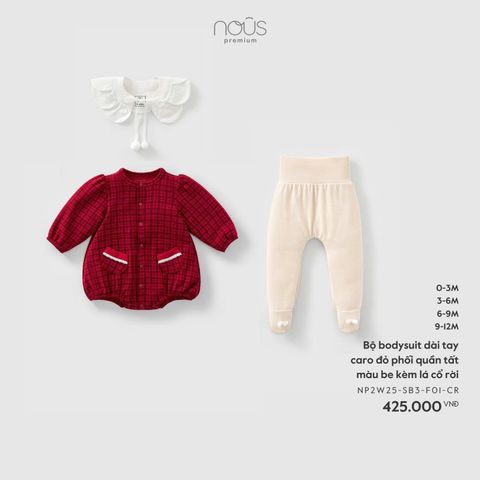 Bộ bodysuit dài tay caro đỏ phối quần tất màu be kèm lá cổ rời Nous Noel