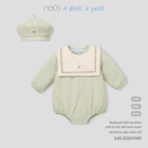 Bodysuit dài tay kèm yếm & mũ nồi caro xanh lá Nous Petit à petit