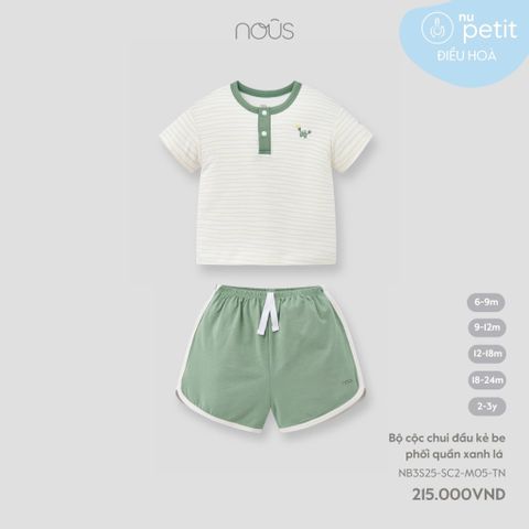 Bộ cộc chui đầu kẻ be phối quần xanh lá Nous Petit (cua)