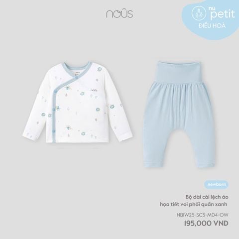Bộ dài cài lệch áo họa tiết voi phối quần xanh NB Nous Petit