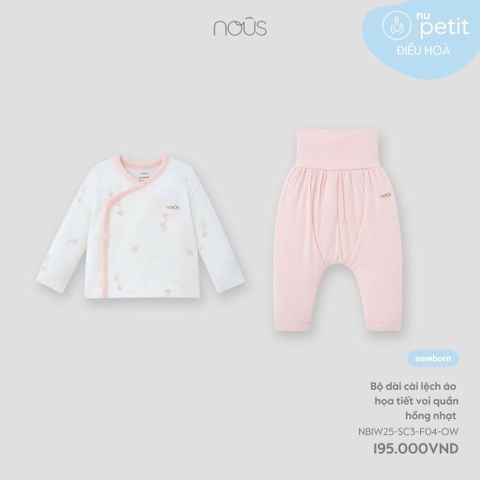 Bộ dài cài lệch áo họa tiết voi quần hồng nhạt NB Nous Petit