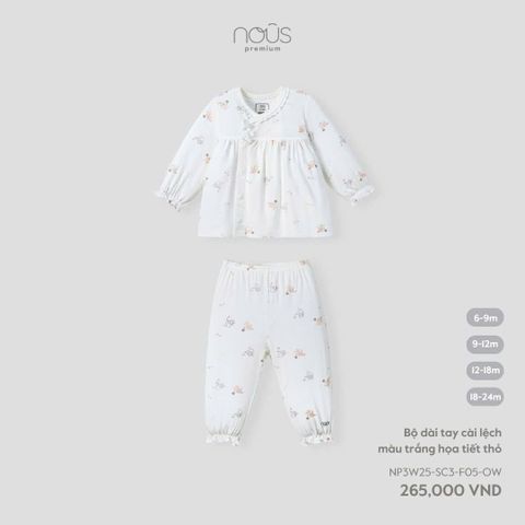 Bộ dài tay cài lệch màu trắng họa tiết thỏ Nous Premium