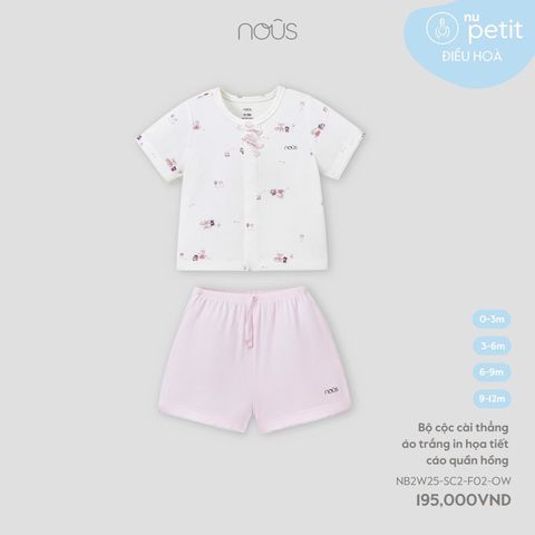 Bộ cộc cài thẳng áo trắng in họa tiết cáo quần hồng Nous Petit