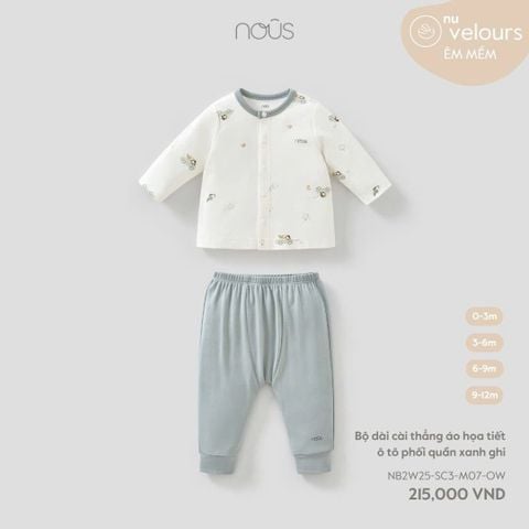 Bộ dài cài thẳng áo họa tiết ô tô phối quần xanh ghi Nous Velour