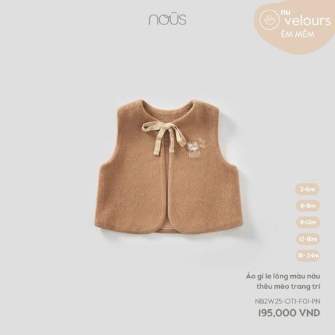 Áo gile lông màu nâu thêu mèo trang trí Nous Velour