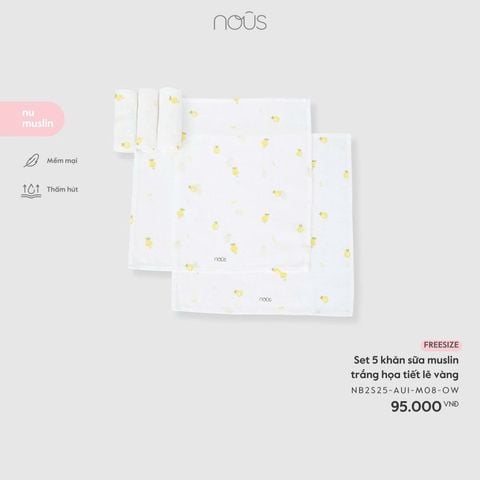 Set 5 khăn sữa muslin trắng họa tiết lê vàng Nous