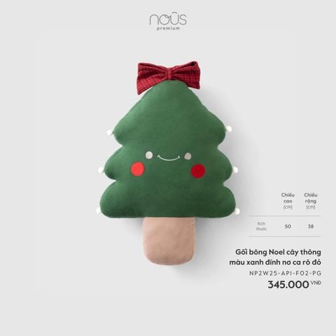 Gối bông Noel cây thông màu xanh đính nơ ca rô đỏ Nous Noel