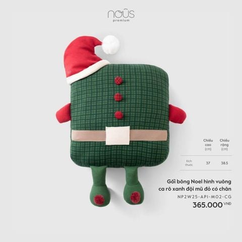 Gối bông Noel hình vuông ca rô xanh đội mũ đỏ có chân Nous Noel
