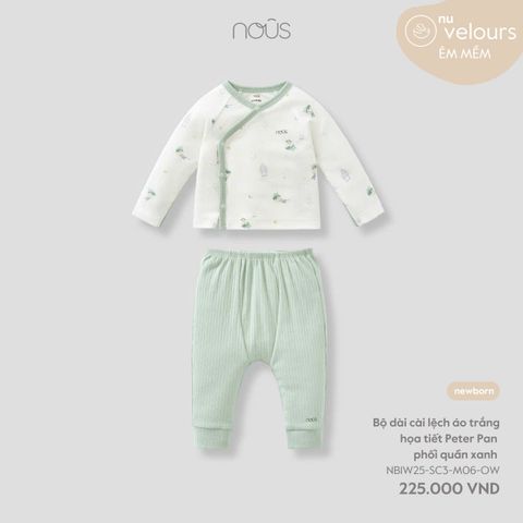 Bộ dài cài lệch áo trắng họa tiết Peter Pan phối quần xanh NB Nous Velour