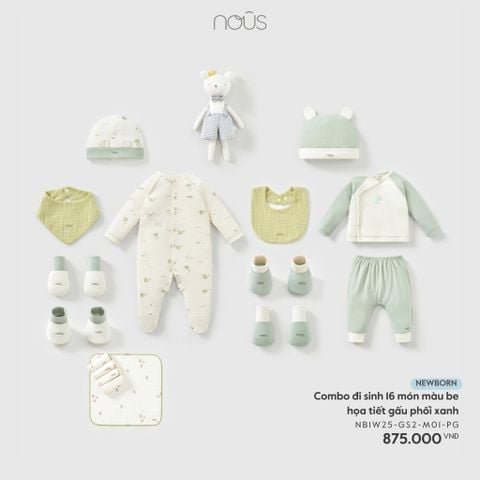 Combo đi sinh 16 món màu be hoạ tiết gấu phối xanh lá Nous