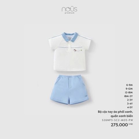 Bộ cộc tay áo phối xanh quần xanh biển Nous Premium ( polo )