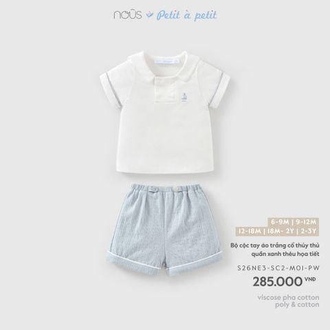 Bộ cộc tay áo trắng cổ thủy thủ quần xanh thêu họa tiết Nous Petit à petit ( Tàu thuỷ )