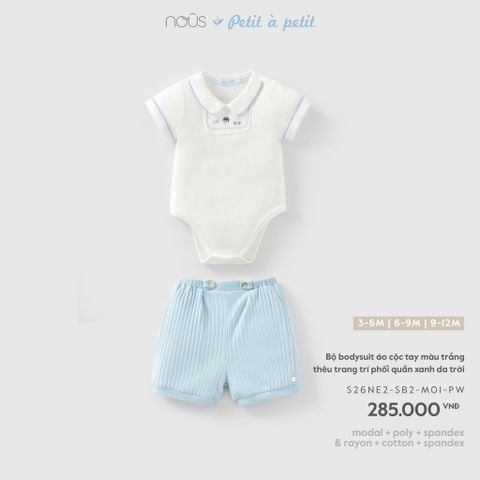 Bộ bodysuit áo cộc tay màu trắng thêu trang trí phối quần xanh da trời Nous Petit à petit