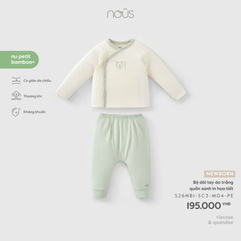 Bộ dài tay cài lệch áo trắng quần xanh lá in hoạ tiết ( Ếch ) NB Nous Petit Bamboo+