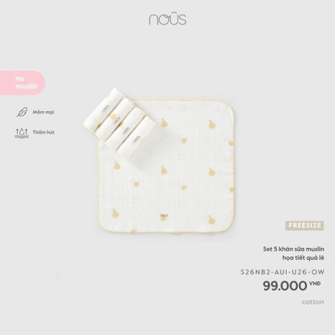 Set 5 khăn sữa muslin hoạ tiết quả lê ( viền vàng ) Nous