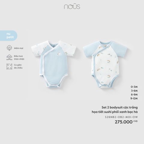 Set 2 bodysuit cộc trắng hoạ tiết sushi phối xanh bạc hà Nous Petit