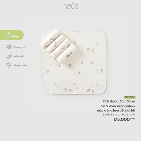 Set 5 khăn sữa bamboo màu trắng hoạ tiết chú hề Nous