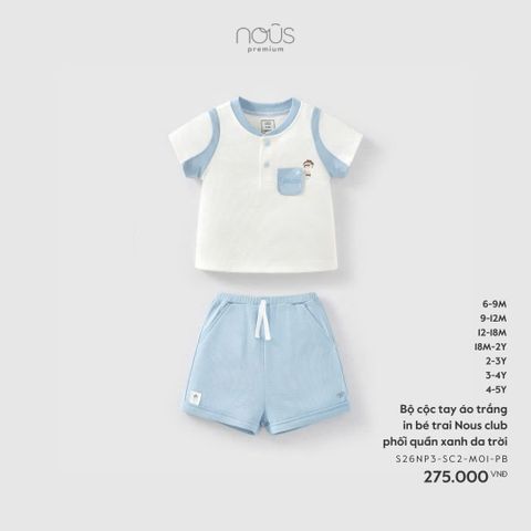 Bộ cộc tay áo trắng in bé trai Nous club phối quần xanh da trời Nous Premium