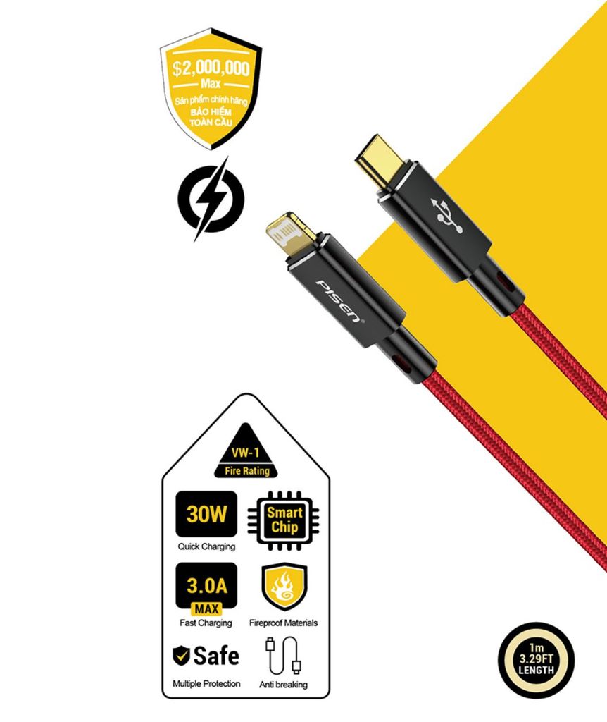 Cáp PISEN QUICK Platinum Lightning USB-C 1m, Đỏ đen - Global model CL-PD09-1000 (GLB)