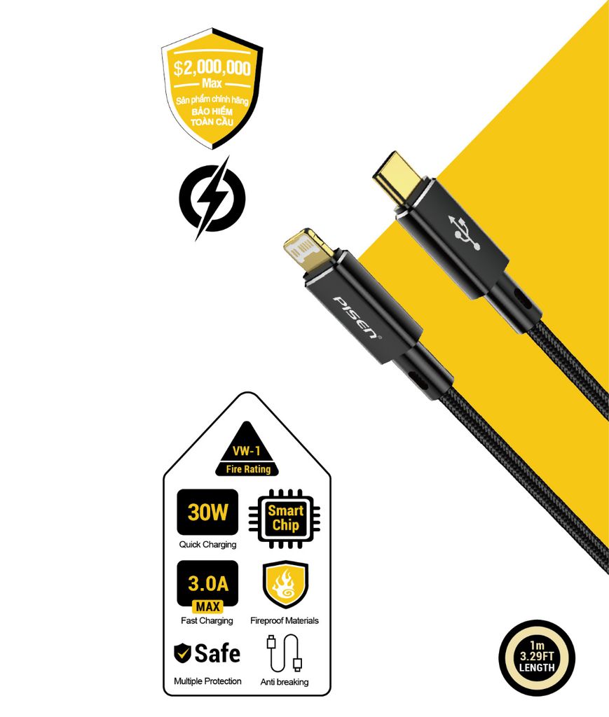 Cáp PISEN QUICK Platinum Lightning USB-C 1.5m, Magic Black - Global model CL-PD09-1500 (GLB)