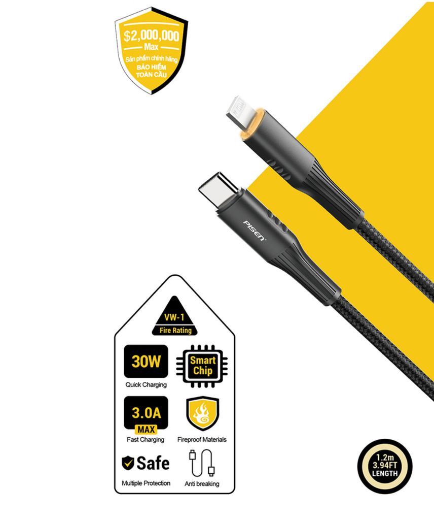 Cáp PISEN QUICK - Fox interlligent PowerOff Lightning USB-C (C-L) 1.2m - Global model LT-CL02-1200 (GLB) - IPO
