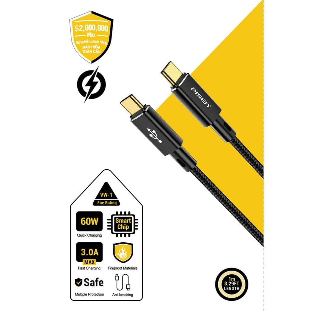 Cáp PISEN QUICK Platinum USB-C (C-C) PD60W 1m,fully compatible, Magic Black - Global model CC-PD12-1000 (GLB)