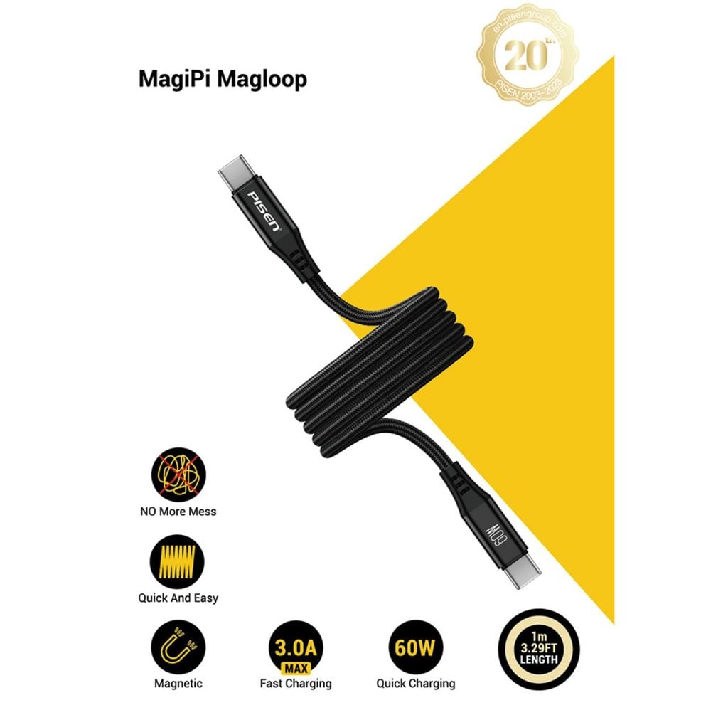 Cáp PISEN PRO MagiPi Magloop USB-C 60W 1m , Magic black model CC-FC22-1000 (GLB)